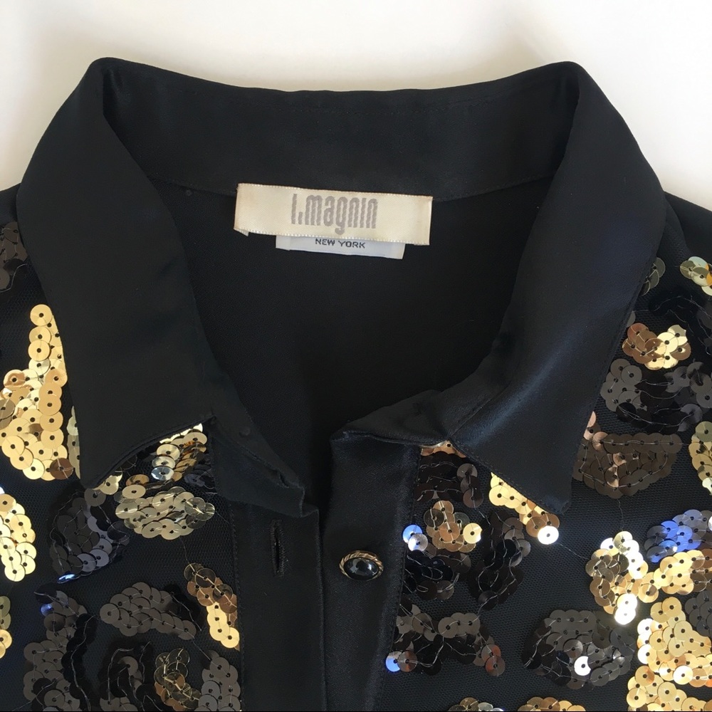 Vintage I. Magnin Jamboree of NY Black Blouse Gold trim & sequins USA L/XL - Picture 4 of 7